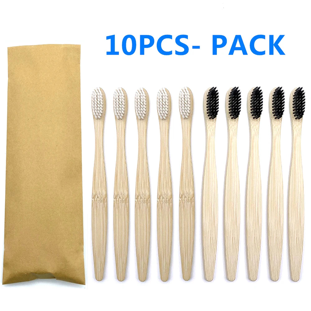 10pc Eco friendly Bamboo Toothbrush Soft Bristles Biodegradable Plastic-Free Oral Care Adults Toothbrush Bamboo Handle Brush