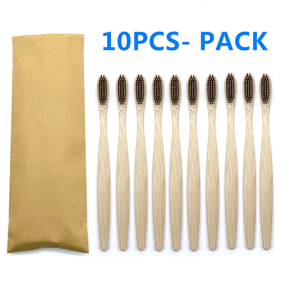 10pc Eco friendly Bamboo Toothbrush Soft Bristles Biodegradable Plastic-Free Oral Care Adults Toothbrush Bamboo Handle Brush
