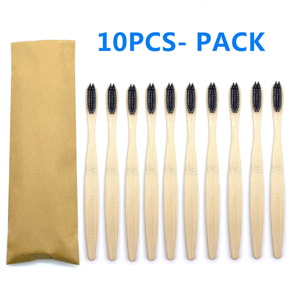 10pc Eco friendly Bamboo Toothbrush Soft Bristles Biodegradable Plastic-Free Oral Care Adults Toothbrush Bamboo Handle Brush