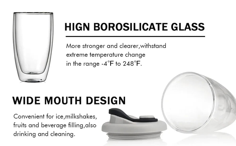 Double Wall Glass Cups with Lid, Reusable Insulated Tea Mug, Dishwasher Safe, Eco Friendly, Coffee Travel Mugs, Dishwasher Safe