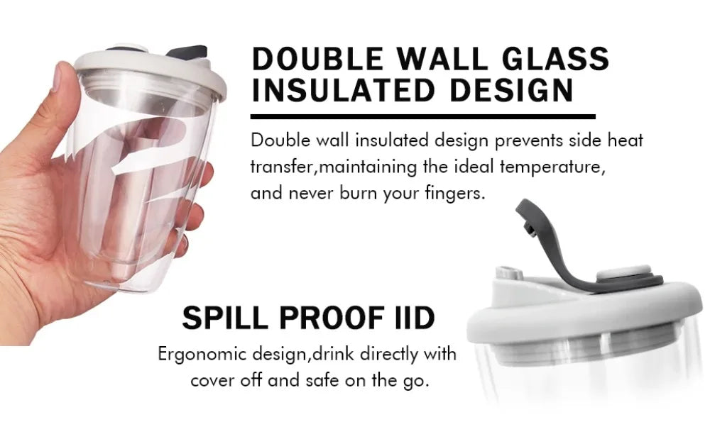 Double Wall Glass Cups with Lid, Reusable Insulated Tea Mug, Dishwasher Safe, Eco Friendly, Coffee Travel Mugs, Dishwasher Safe
