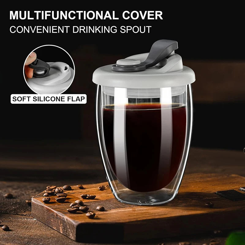 Double Wall Glass Cups with Lid, Reusable Insulated Tea Mug, Dishwasher Safe, Eco Friendly, Coffee Travel Mugs, Dishwasher Safe