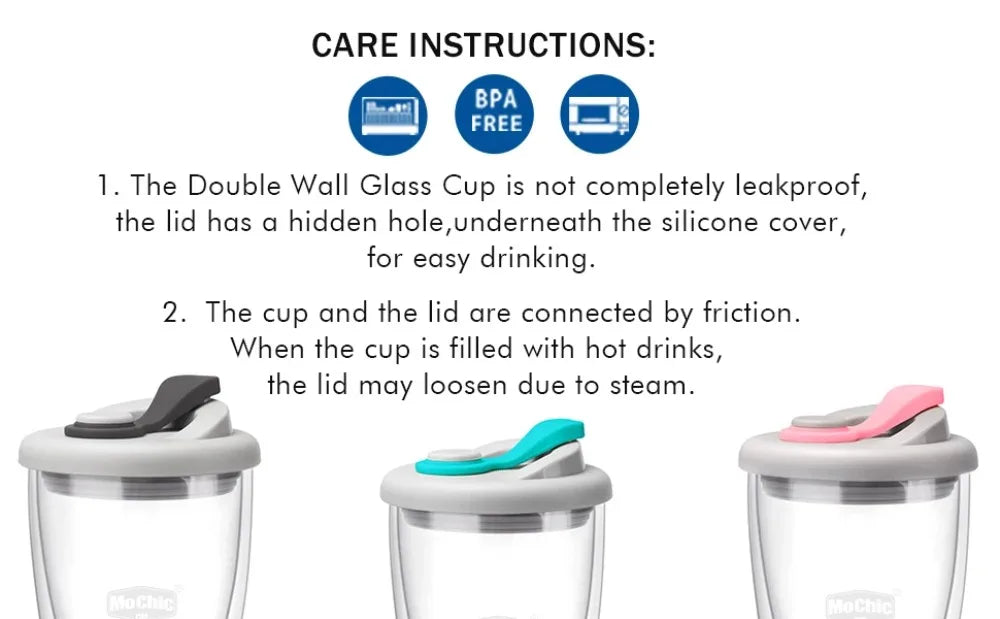 Double Wall Glass Cups with Lid, Reusable Insulated Tea Mug, Dishwasher Safe, Eco Friendly, Coffee Travel Mugs, Dishwasher Safe