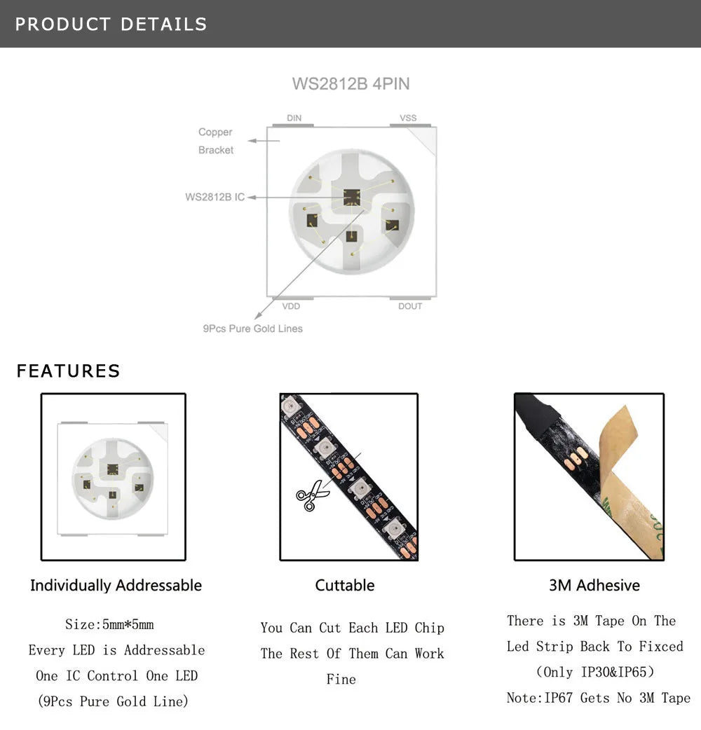WS2812B LED Strip Individually Addressable Smart RGB LED Strip Waterproofith and 28Keys Bluetooth Music Controller Kit DC5V