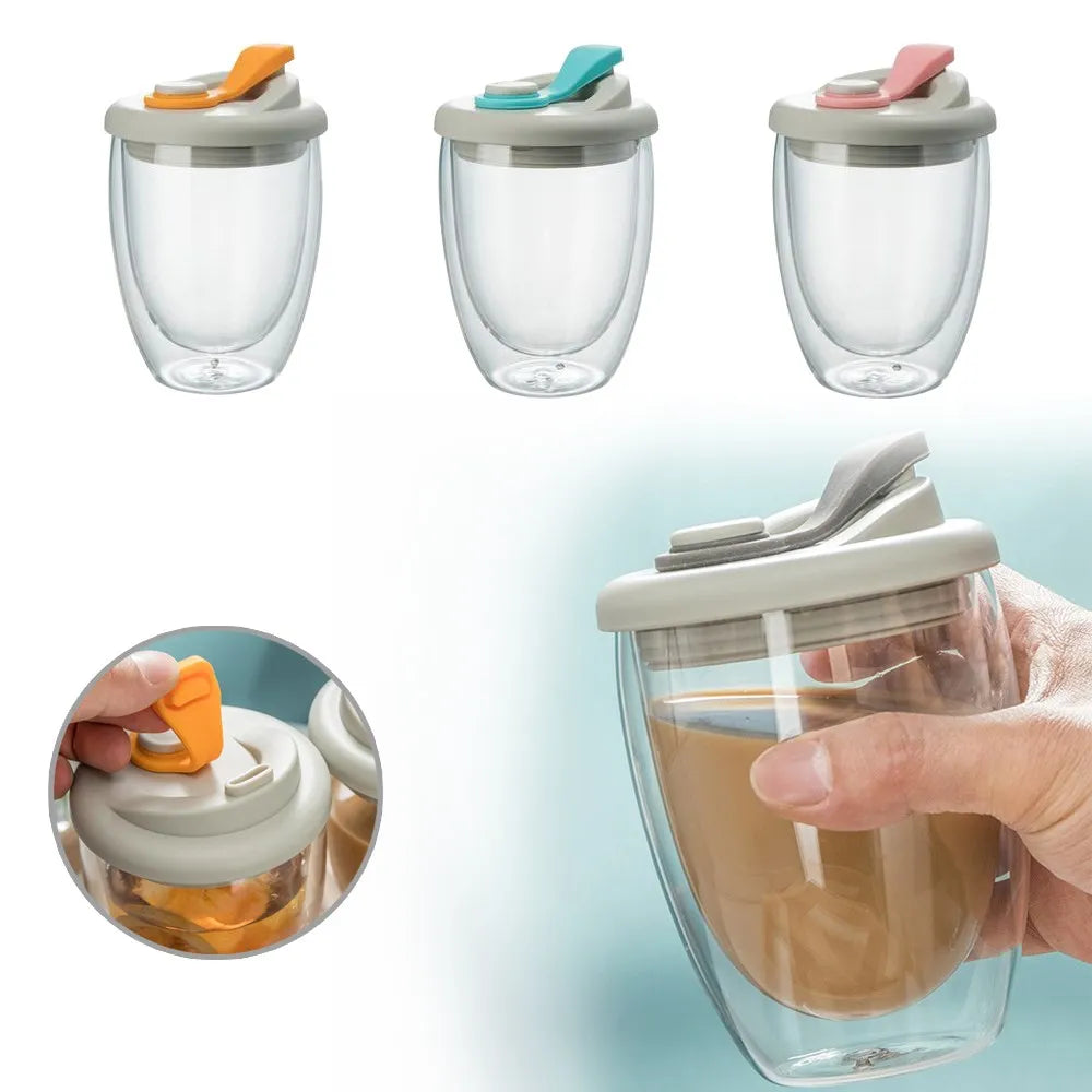 Double Wall Glass Cups with Lid, Reusable Insulated Tea Mug, Dishwasher Safe, Eco Friendly, Coffee Travel Mugs, Dishwasher Safe