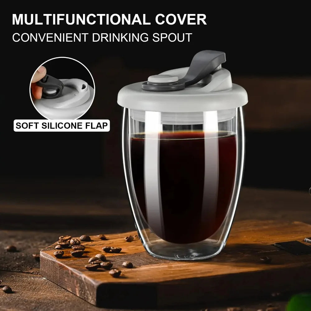 Double Wall Glass Cups with Lid, Reusable Insulated Tea Mug, Dishwasher Safe, Eco Friendly, Coffee Travel Mugs, Dishwasher Safe