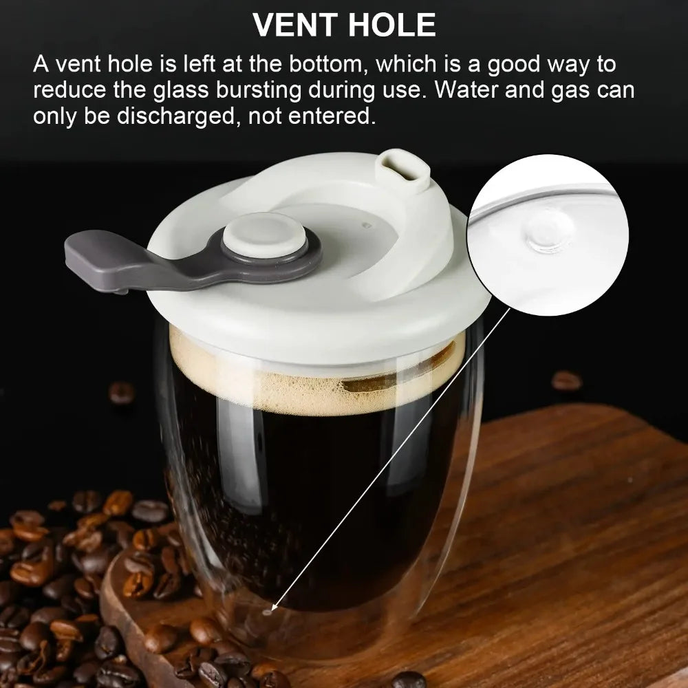 Double Wall Glass Cups with Lid, Reusable Insulated Tea Mug, Dishwasher Safe, Eco Friendly, Coffee Travel Mugs, Dishwasher Safe