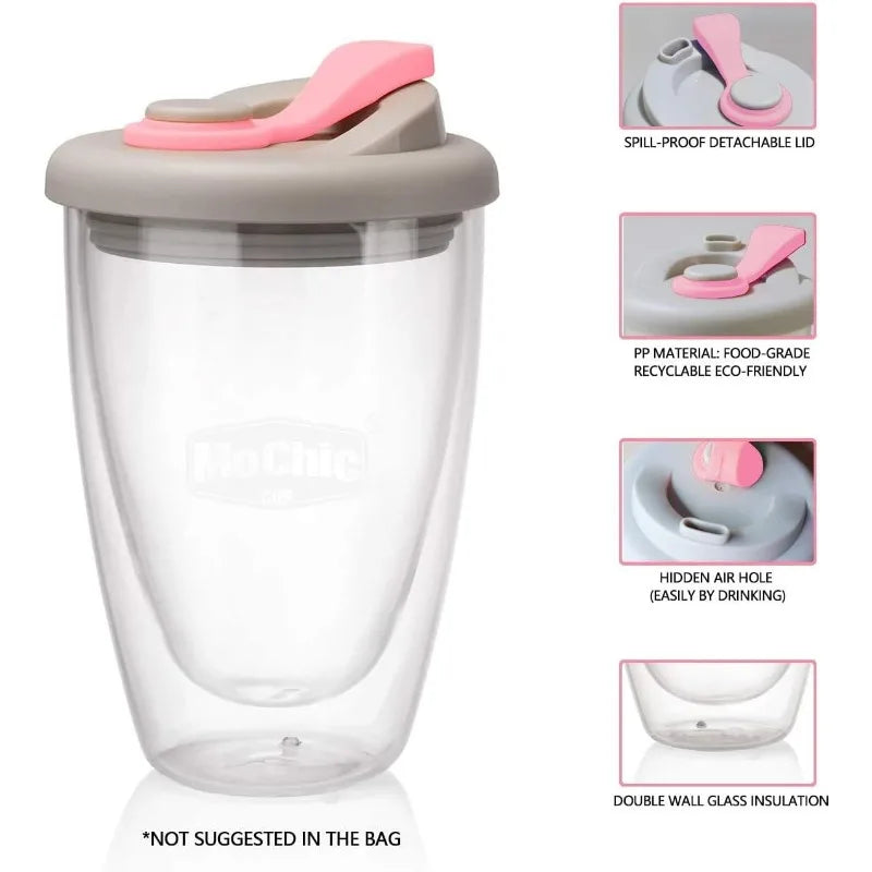 Double Wall Glass Cups with Lid, Reusable Insulated Tea Mug, Dishwasher Safe, Eco Friendly, Coffee Travel Mugs, Dishwasher Safe