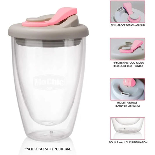 Double Wall Glass Cups with Lid, Reusable Insulated Tea Mug, Dishwasher Safe, Eco Friendly, Coffee Travel Mugs, Dishwasher Safe
