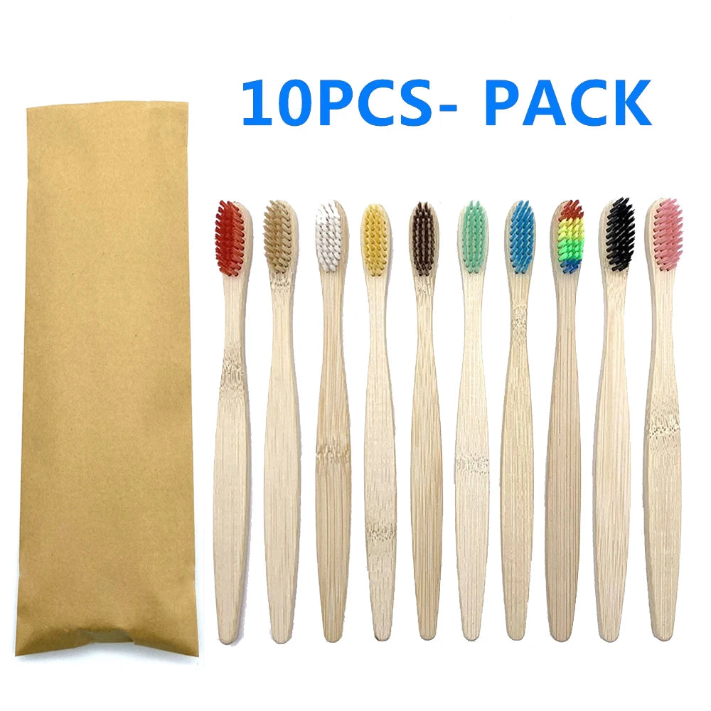 10pc Eco friendly Bamboo Toothbrush Soft Bristles Biodegradable Plastic-Free Oral Care Adults Toothbrush Bamboo Handle Brush