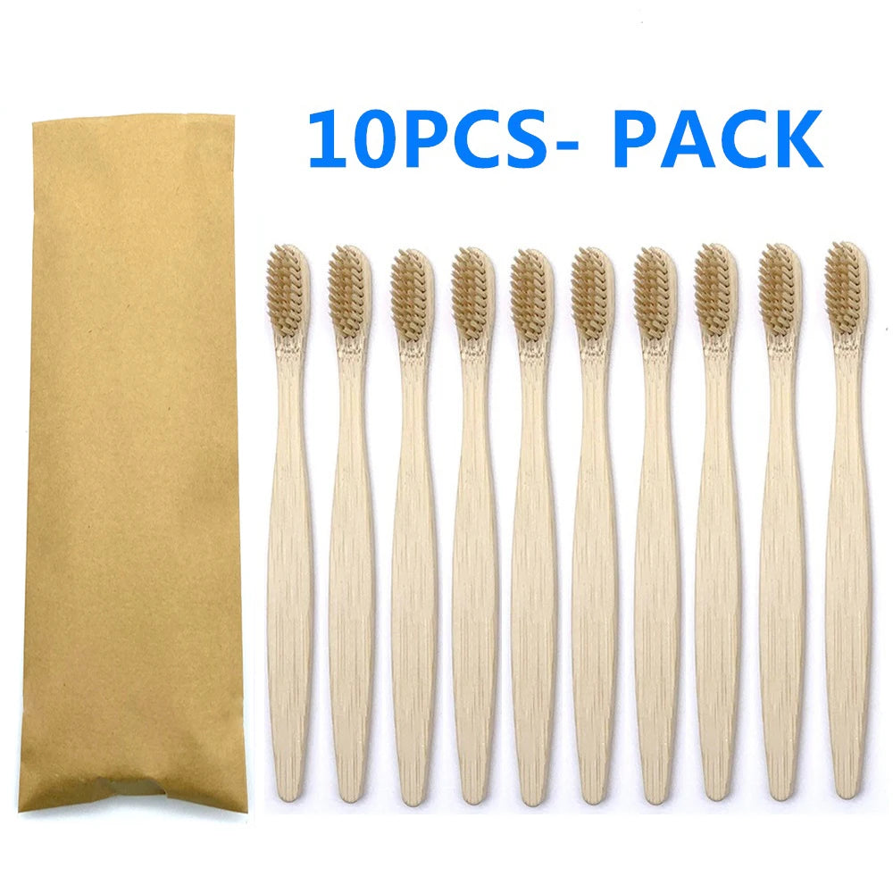 10pc Eco friendly Bamboo Toothbrush Soft Bristles Biodegradable Plastic-Free Oral Care Adults Toothbrush Bamboo Handle Brush