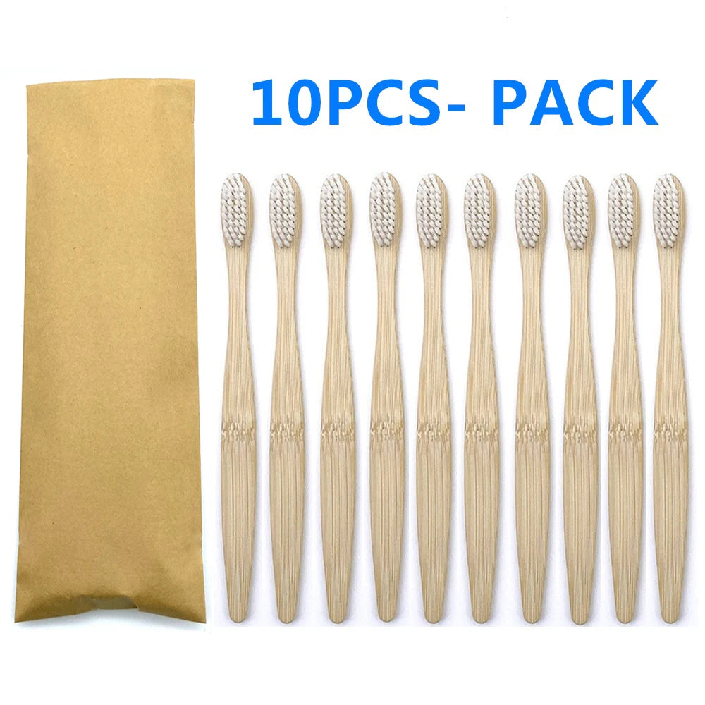 10pc Eco friendly Bamboo Toothbrush Soft Bristles Biodegradable Plastic-Free Oral Care Adults Toothbrush Bamboo Handle Brush