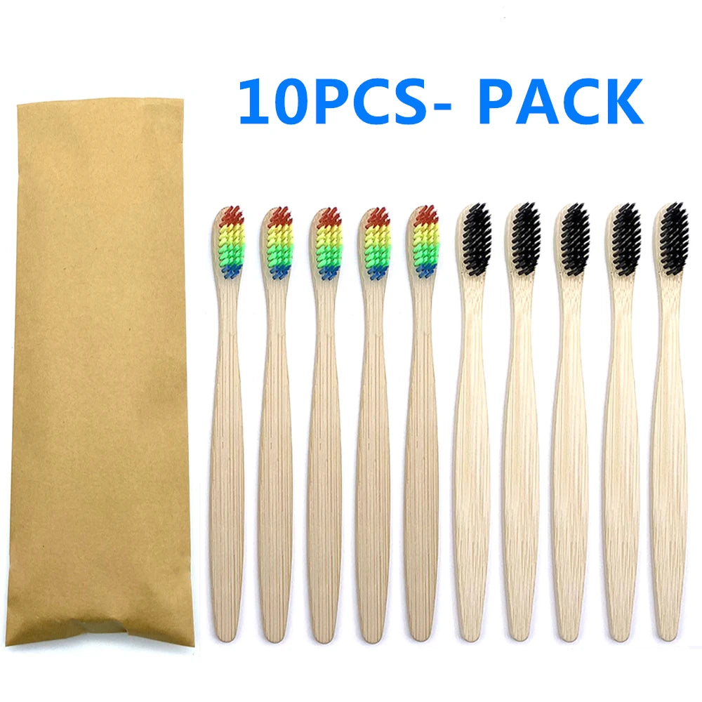 10pc Eco friendly Bamboo Toothbrush Soft Bristles Biodegradable Plastic-Free Oral Care Adults Toothbrush Bamboo Handle Brush