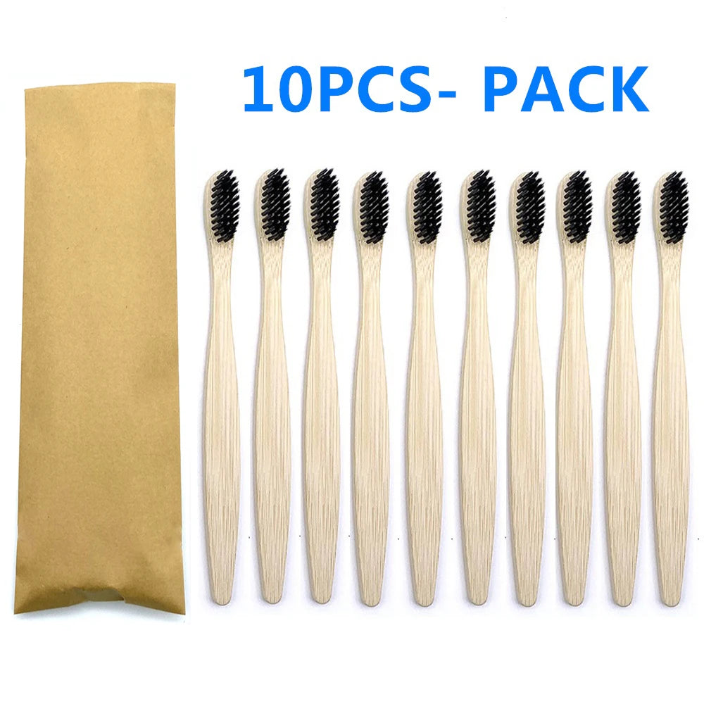 10pc Eco friendly Bamboo Toothbrush Soft Bristles Biodegradable Plastic-Free Oral Care Adults Toothbrush Bamboo Handle Brush