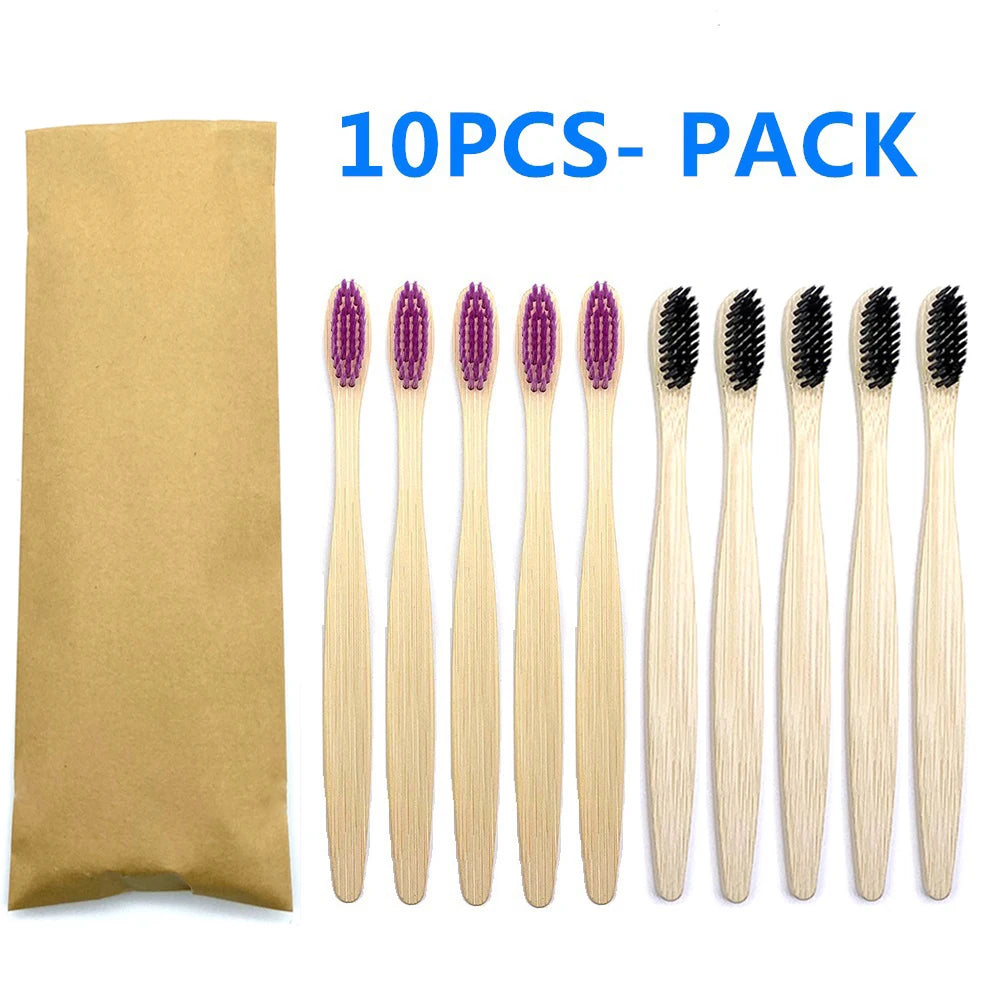 10pc Eco friendly Bamboo Toothbrush Soft Bristles Biodegradable Plastic-Free Oral Care Adults Toothbrush Bamboo Handle Brush