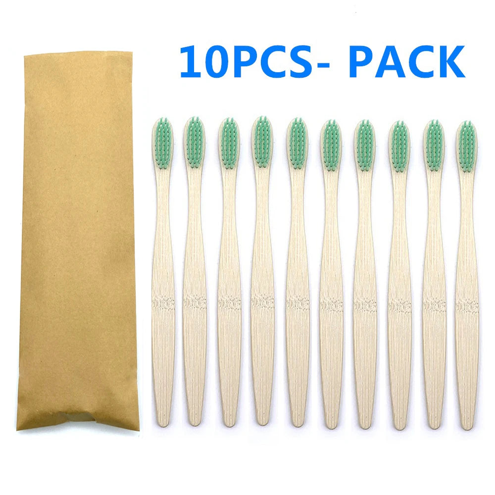 10pc Eco friendly Bamboo Toothbrush Soft Bristles Biodegradable Plastic-Free Oral Care Adults Toothbrush Bamboo Handle Brush