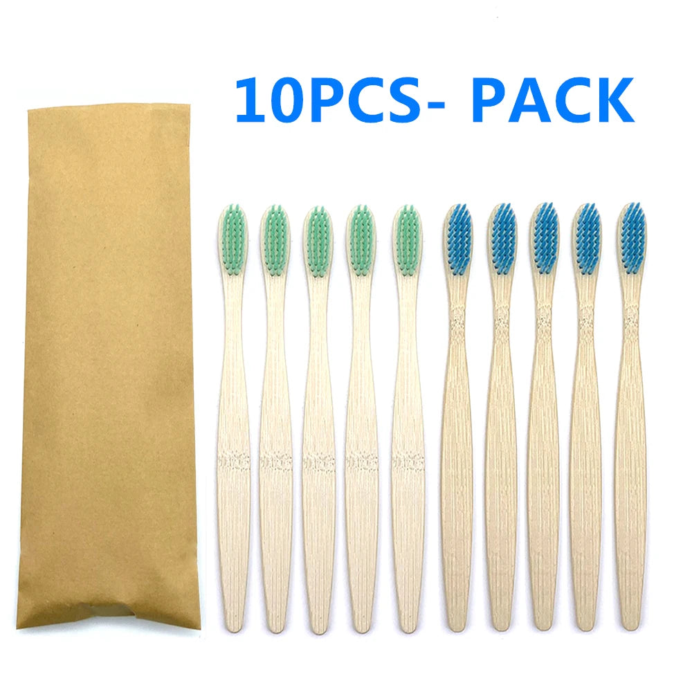 10pc Eco friendly Bamboo Toothbrush Soft Bristles Biodegradable Plastic-Free Oral Care Adults Toothbrush Bamboo Handle Brush